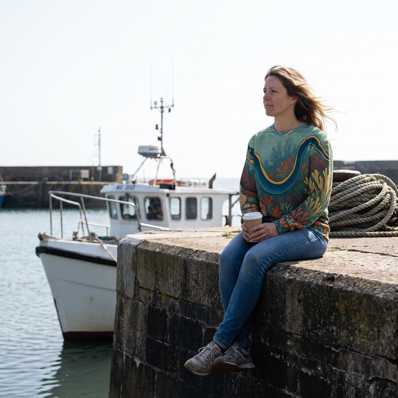 A woman sitting on a harbour wall wearing a sweatshirt printed all over with marine artwork