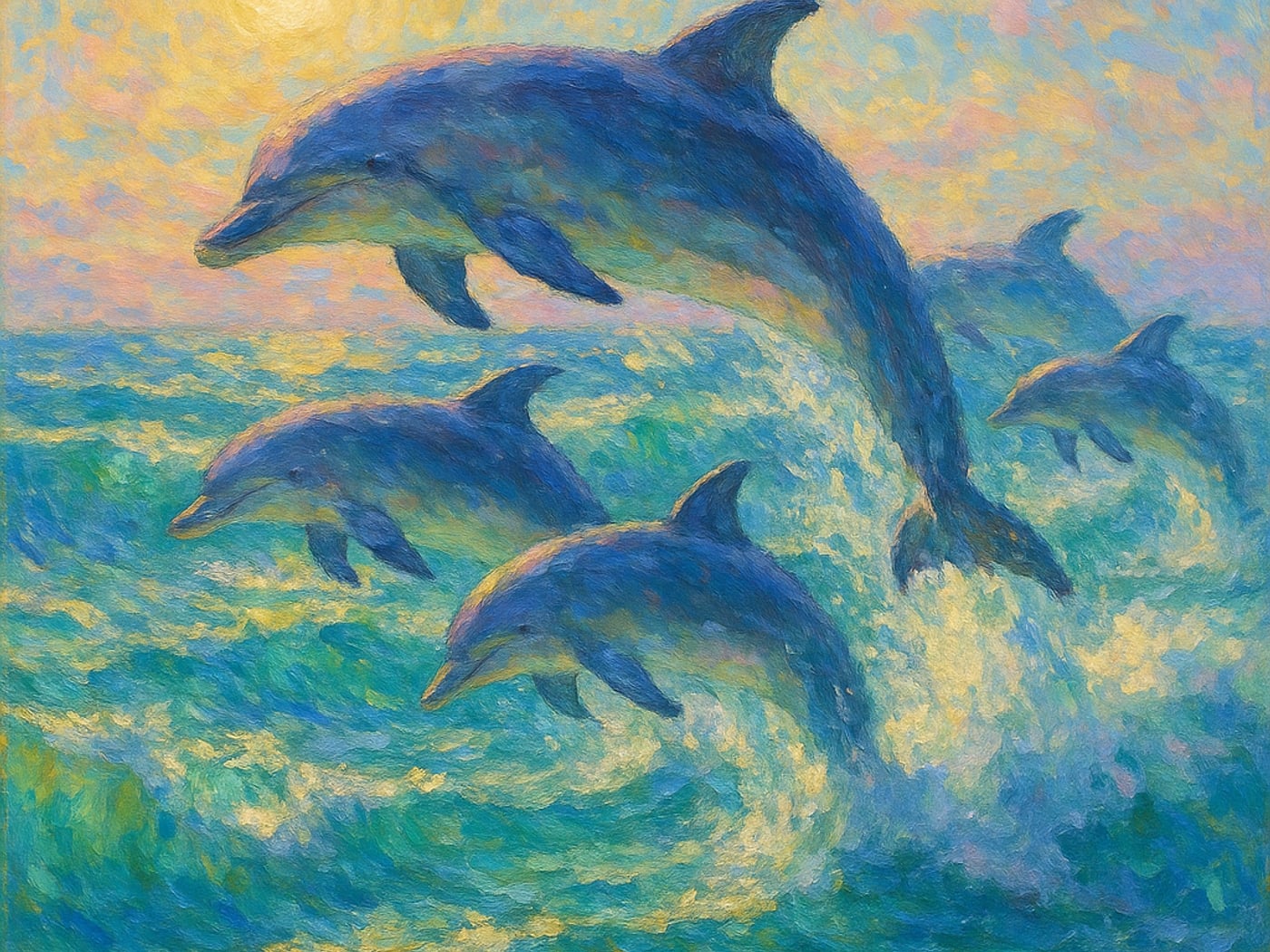 A pod of dolphins leaping through turquoise waves, Impressionist oil